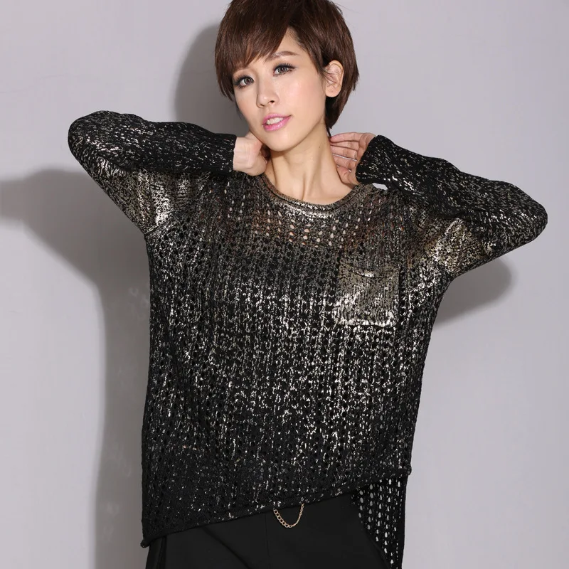 #1336 Spring Hip Hop Sweater Irregular Gold/Silver Knitted Sweaters Ladies Hollow Out Loose Pulover Womens Sweaters Asymmetrical