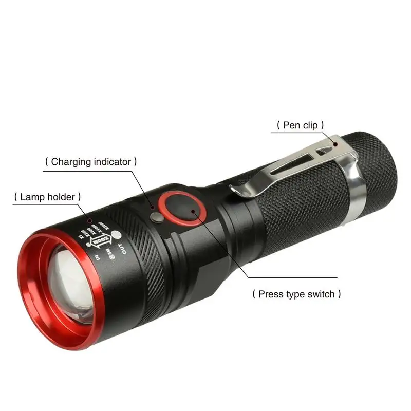 

XML-T6 Micro USB Charging With Charging Indicator Adjustable Focus EDC Series 18650 Aluminum Alloy Glaring Light Flashlight
