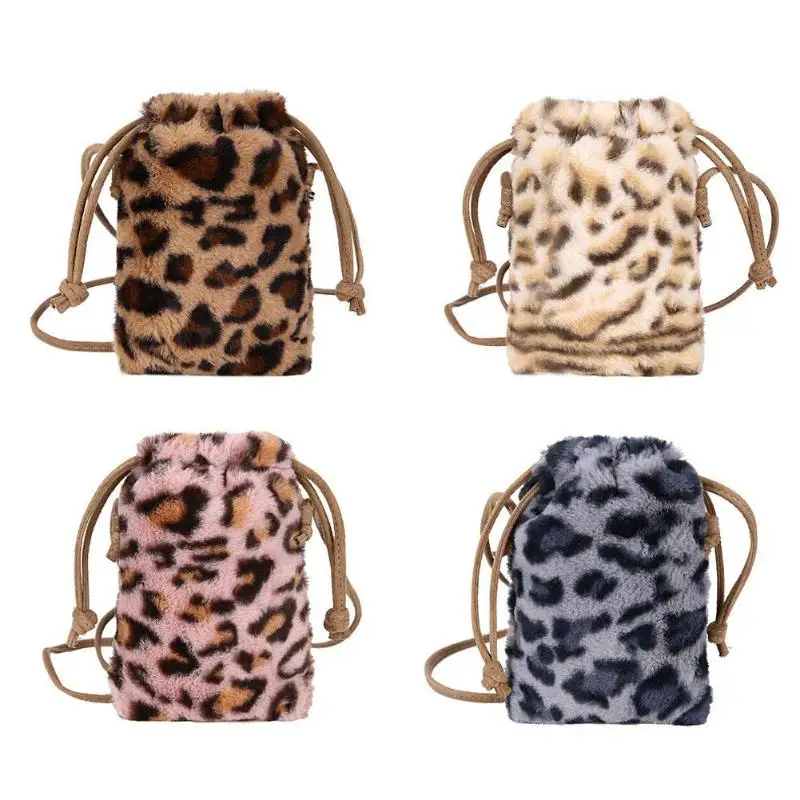 

Fashion Women Leopard Print Crossbody Bag Plush Drawstring Shoulder Bags
