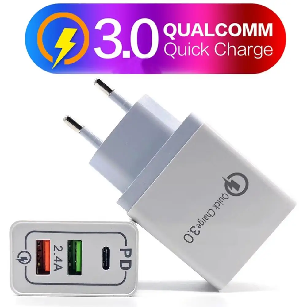 

3 Ports Wall Charger USB QC3.0 Fast Charging 2.4A PD Type C USB3.1 Fast Charge US EU Plug PD Charger For Mobile Phones & Tablets