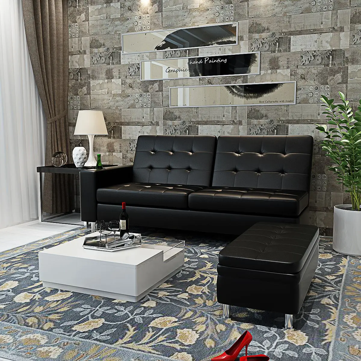 

Panana Livingroom Sofa Home Furnitures Multifunctional Sofa Faux Leather Storage Box Ottoman Bed 2 Drink Cup Holders Recliners
