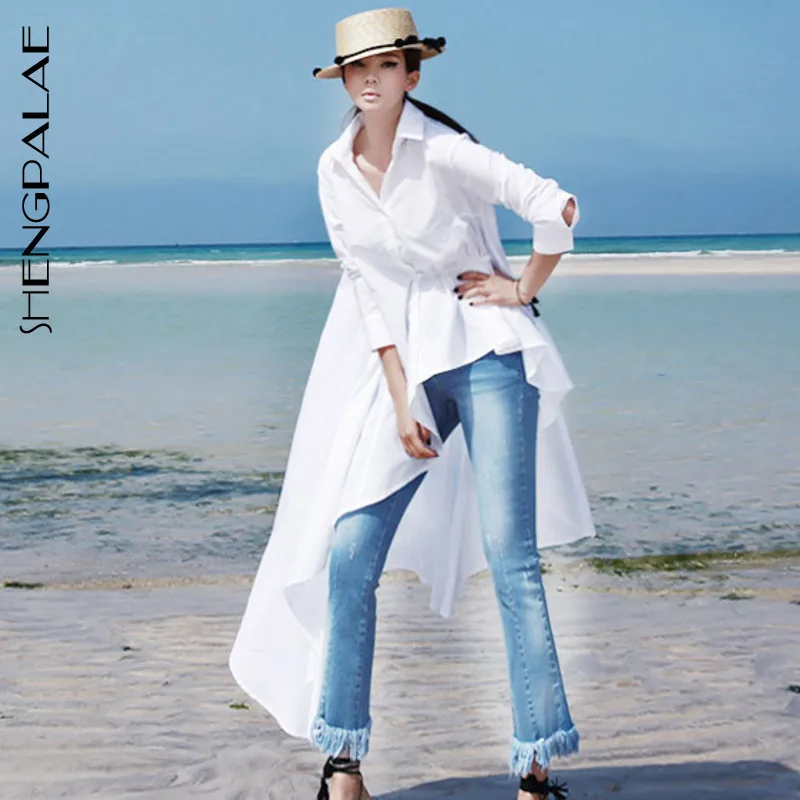 

SHENGPALAE 2019 New Spring Long Sleeve Turn-Down Neck Women Blouse White Buttons Loose Irregular Ruffles Casual Shirt FL079