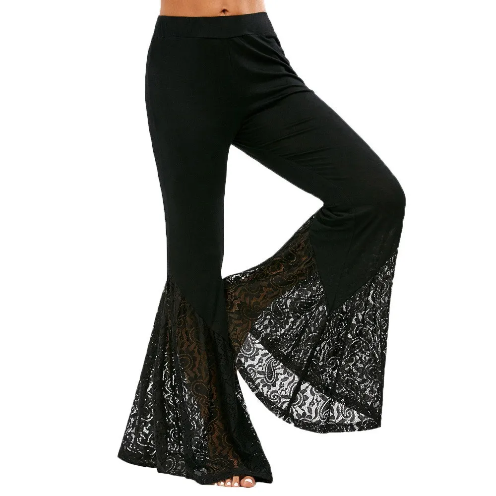 2019 Summer Women Sexy Full Length Lace Flare Pants New Fashion Solid Color Wide Leg Split Pants 2019 Summer Women Sexy Full Length Lace Flare Pants New Fashion Solid Color Wide Leg Split Pants