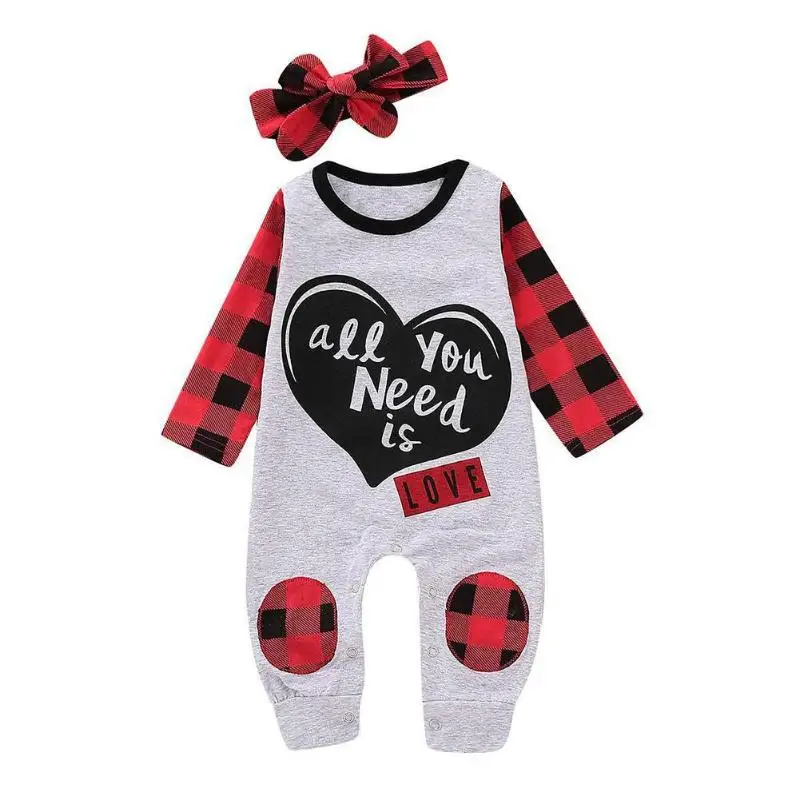 Cute Baby Rompers Baby Girls Boys Clothes Set Sweet Heart Plaid Kids