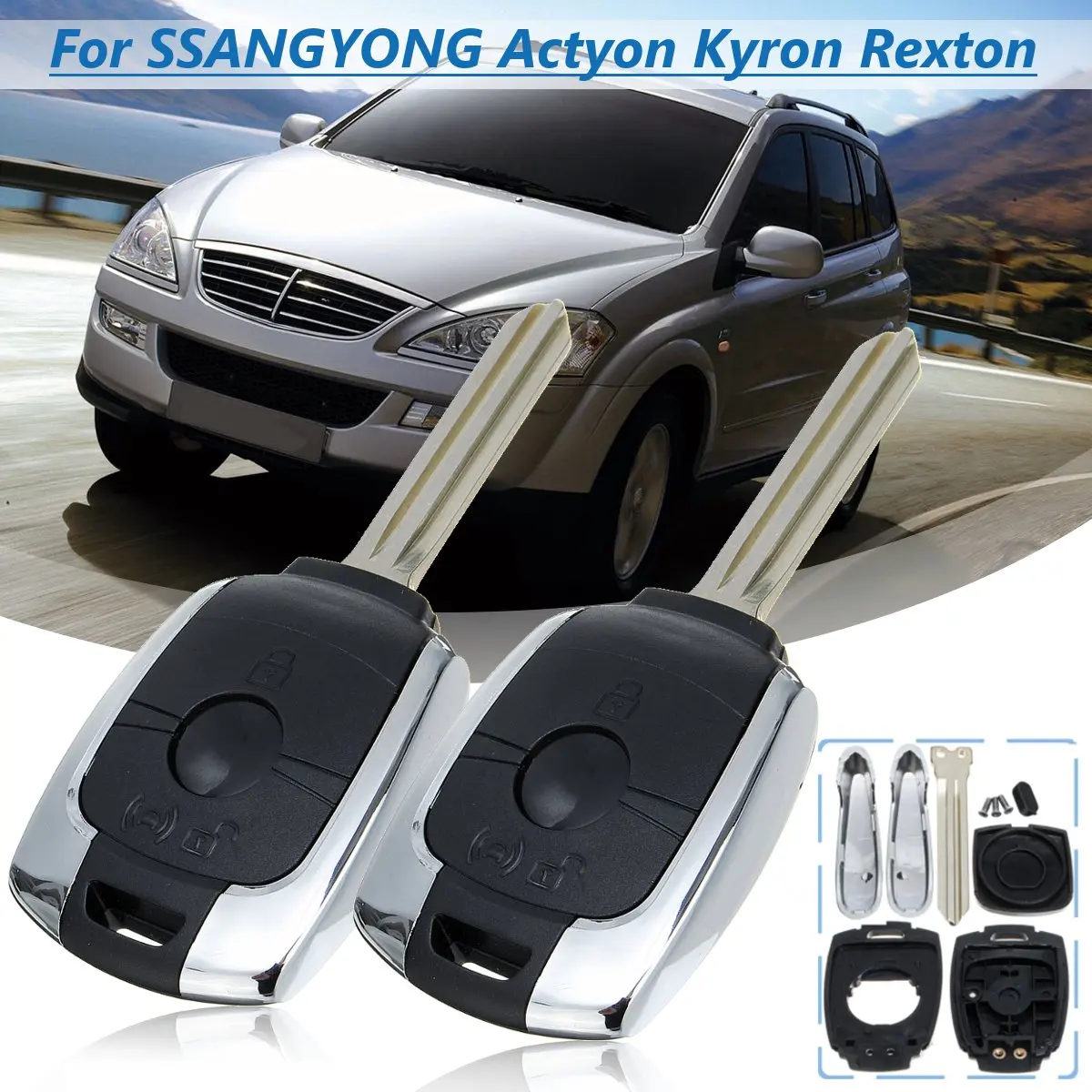 Comprar 1 Uds. 2 uds. Funda para llave remota con 2 botones y hoja sin cortar para SsangYong Actyon Kyron Rexton Korando pieza de repuesto