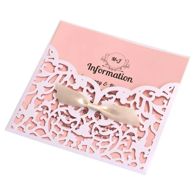  10PCS European style Laser Cut Flower with Bowknot Wedding Invitations Cards Lace Pocket Greeting C - 33004793162
