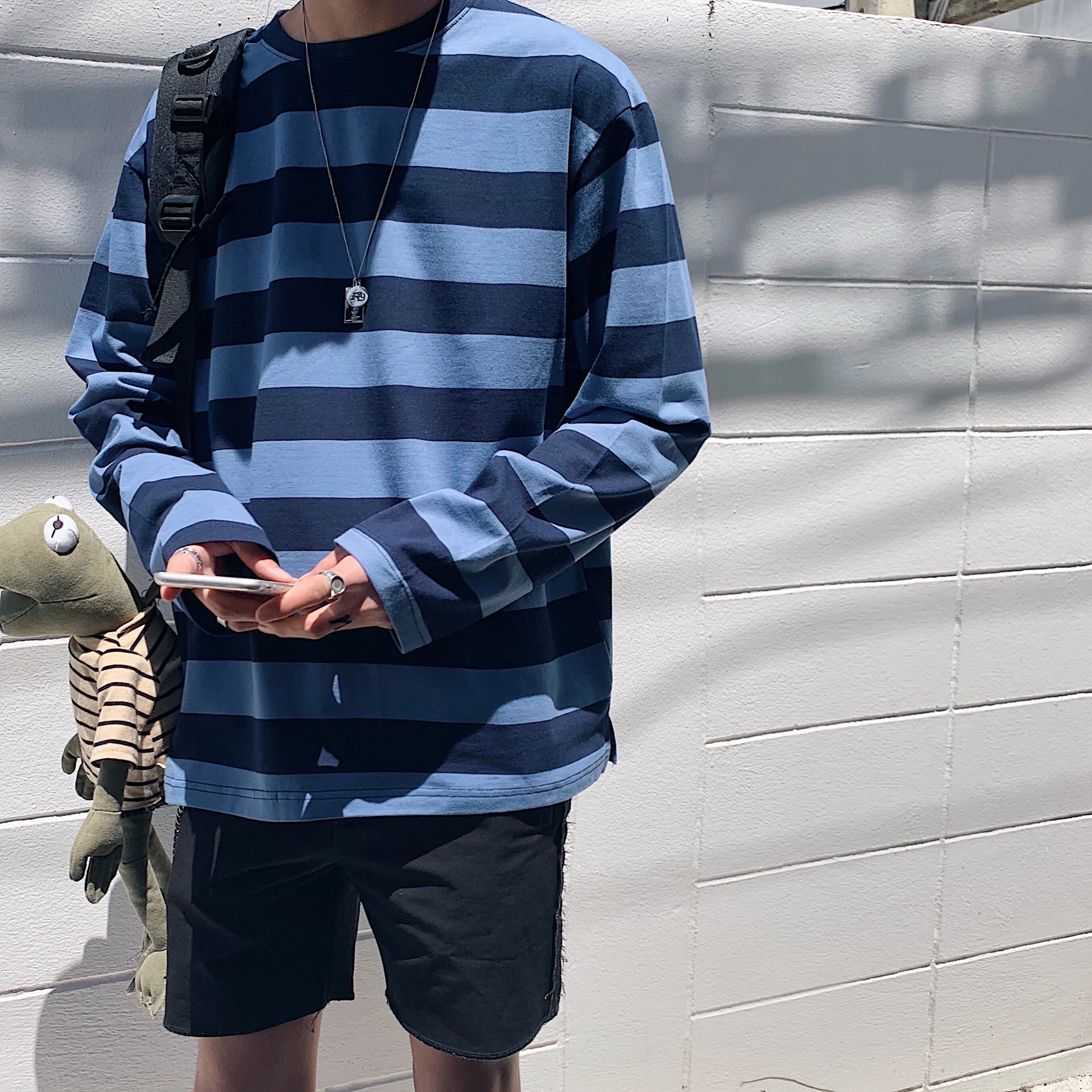 

2019 Spring Summer Men Casual Loose Full Cotton Comfortable Stripe Multicolor Tee Round Neck Long Sleeve T-shirt Homme M-XL