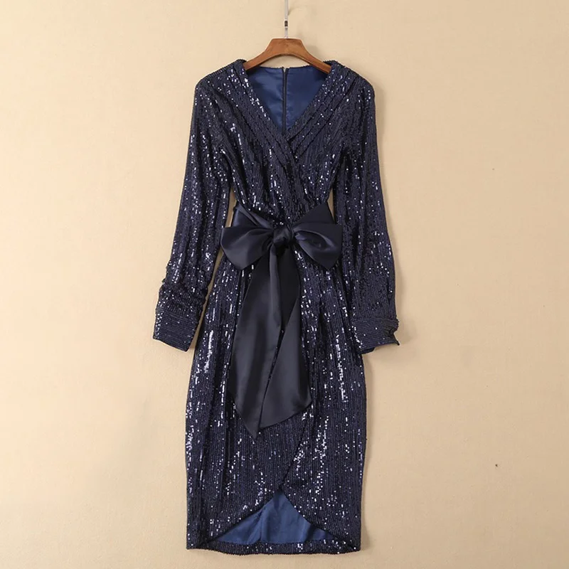 Подиумные платья женские высокого качества темно-синие блестки платье сексуальный v шейный шарф бант талия длинный рукав длиной до колена рокабилли платье