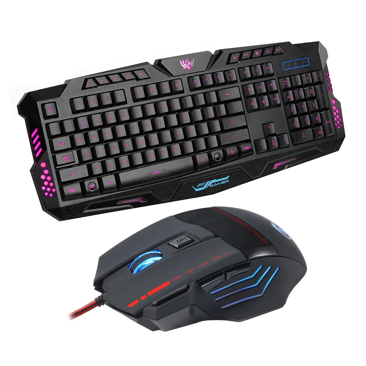 

J20 USA English Design Backlit Mouse Keyboard Combos Three-Color Backlit Keyboard + Seven Key Colorful Glowing Gaming Mouse Set