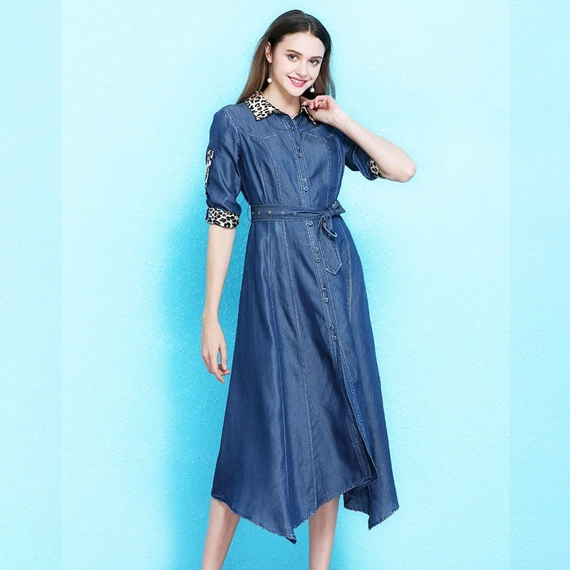 

Summer European leopard lapels fashion dress summer female temperament sashes waist irregular large swing tencel dress NW19B6114
