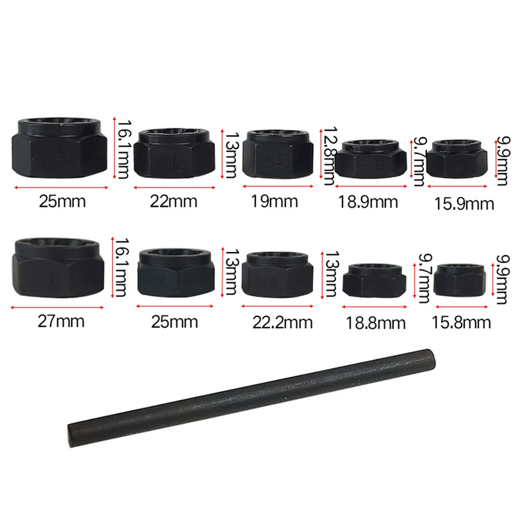 

10pcs Damaged Nut Bolt Remover Stud Extractor Set (9-19mm) Broken Bolt Removal Kit Black Metric
