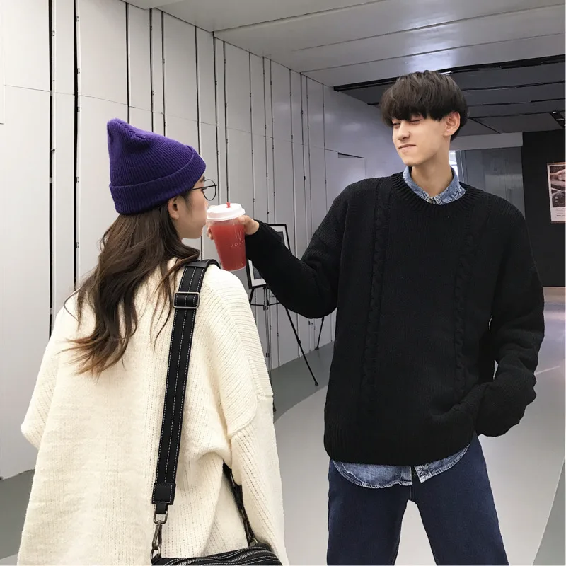 

Spring New Casual Men's Sweater M-2XL Youth Couple Personality Wild Solid Color Striped Fashion Loose Temperament Round Neck