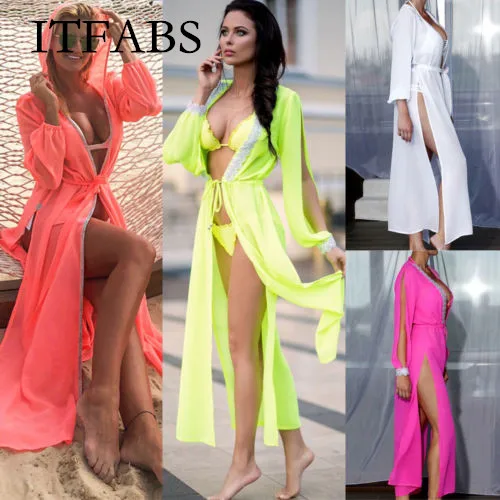 

ITFABS Women Chiffon Long Sleeve Kimono Beach Bikini Cover Up Wrap Swimwear Long Dress