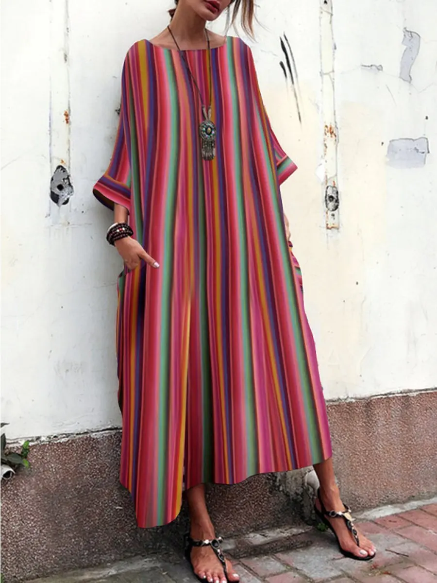 

Large Sizes Rainbow Stripes Dress Shirt Women Spring Summer Robe Femme Ete 2019 Beach Boho Bohemian Dresses Long Maxi Dress Red