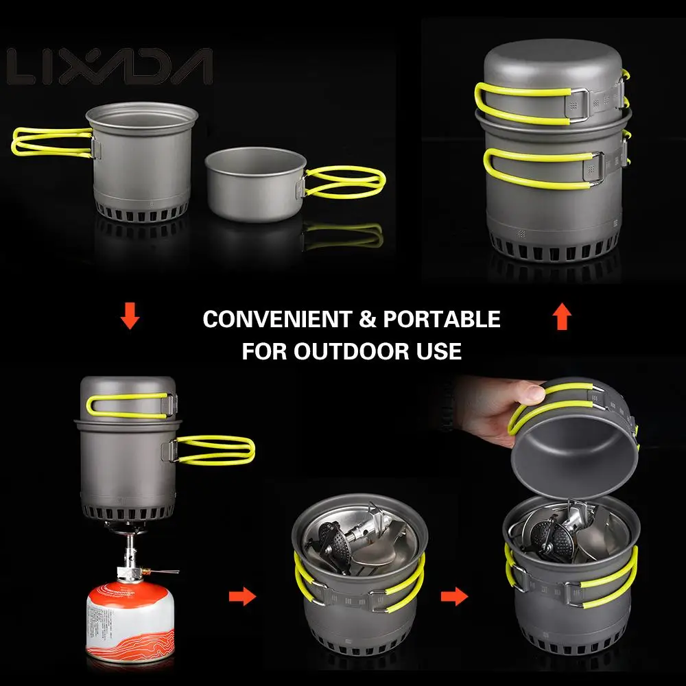 Lixada 0.75L acampar al aire libre olla tazón conjunto de ahorro de energía de cocina mango plegable de Kit de viaje de escalada de utensilios de cocina