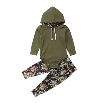 

2019 Newborn Toddler Baby Girls Boys Clothes Suit 2Pcs Infant Floral Hooded Long Sleeve Bodysuit Tops Pants Outfits Set 0-24M