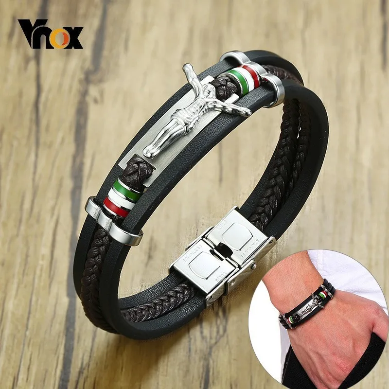 

Vnox Jesus Charm Bracelets for Men Layered Genuine Leather with Stainless Steel Bar Christ Faith Wristband Crucifix Pulseira