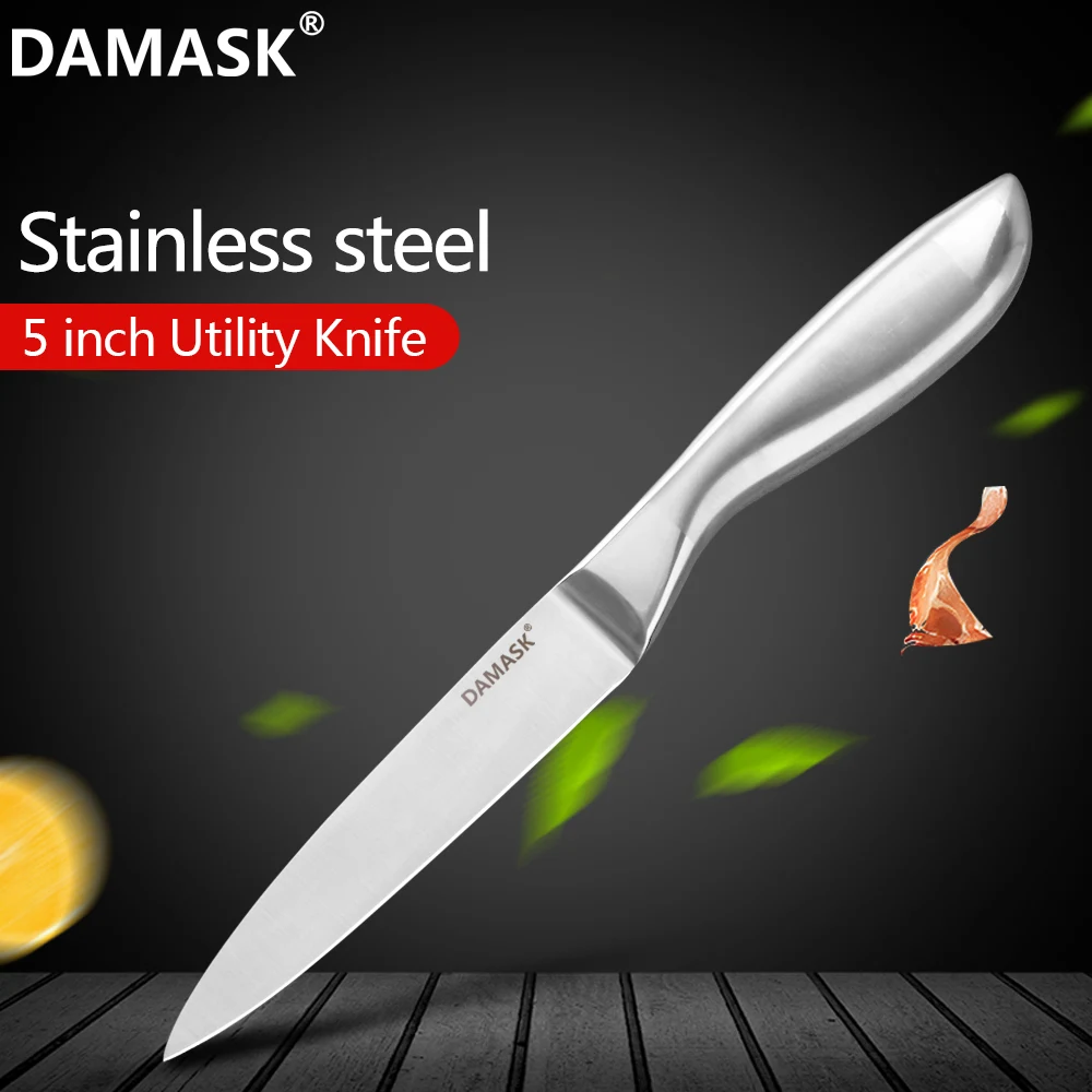 Damask 3cr13 Stainless Steel Knife 5 Inch Kitchen Utility Knife Stainless Steel Handle Paring Santoku Chef Slicing Cutlery Knife