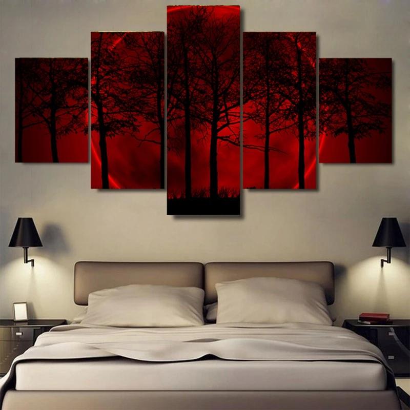 

Canvas Wall Art Posters Framework For Living Room HD Prints Pictures 5 Pieces Red Moon Night Forest Trees Paintings Home Decor