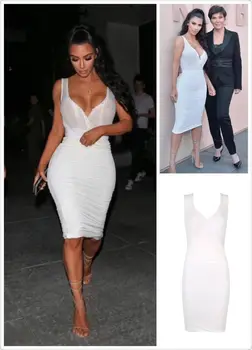 

Ladies White V-neck Lace Sexy Bodycon Rayon Bandage Dress Kim Kardashian Top Quality Cocktail Party Elegant Dress