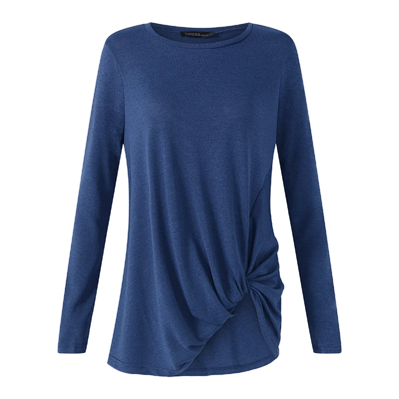 Tanie Hot Kobiety Bluzka 2018 ZANZEA Crew Neck Z Długim Rękawem Krzyżowe Pullover Blusas Jesień Wiosna Kobiet Dorywczo Stałe Kr oacute;tkie Koszula G oacute;ry
