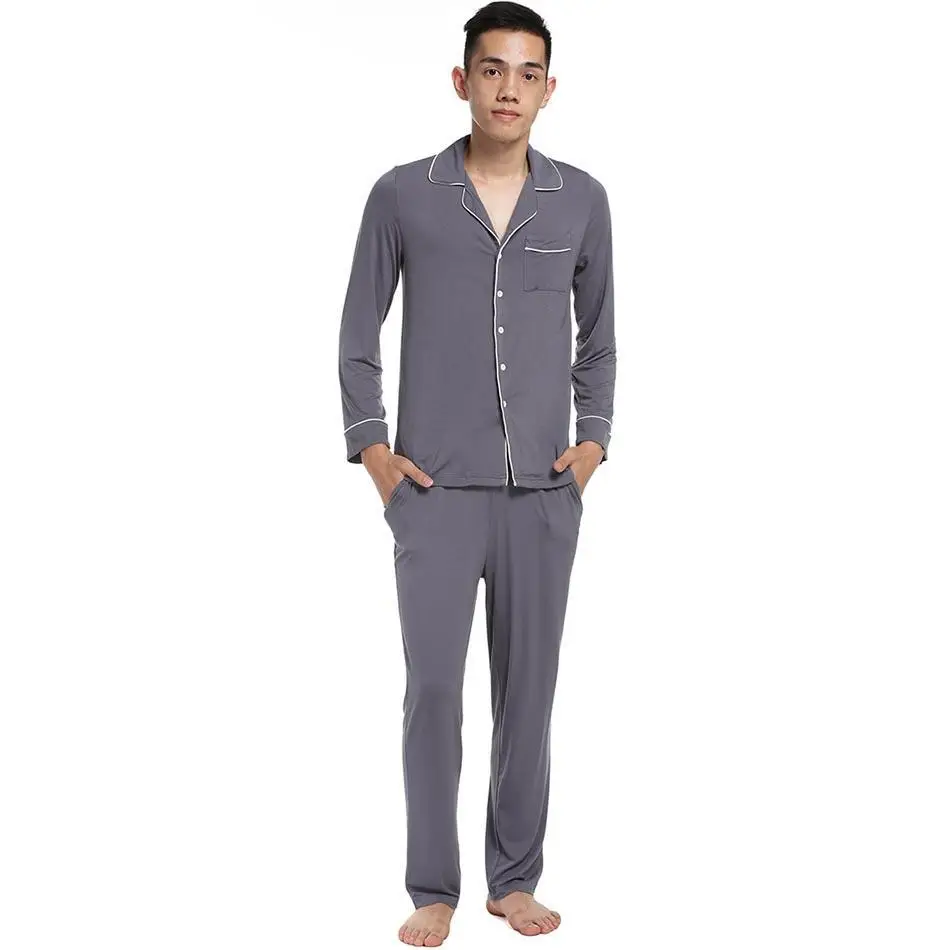 Мужские с длинным рукавом Твердые Turn-Down Воротник Loose Pajama Set Nightwear полная длина Кнопка белье с карманом