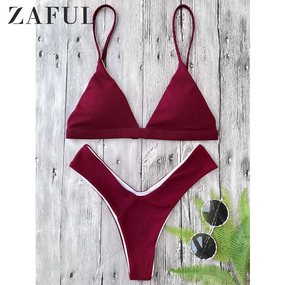 ZAFUL محكم عالية قطع مبطن يغرق مجموعة البكيني السباغيتي الأشرطة الصلبة الصيف لباس سباحة مرونة منخفضة مخصر ثوب السباحة 2019