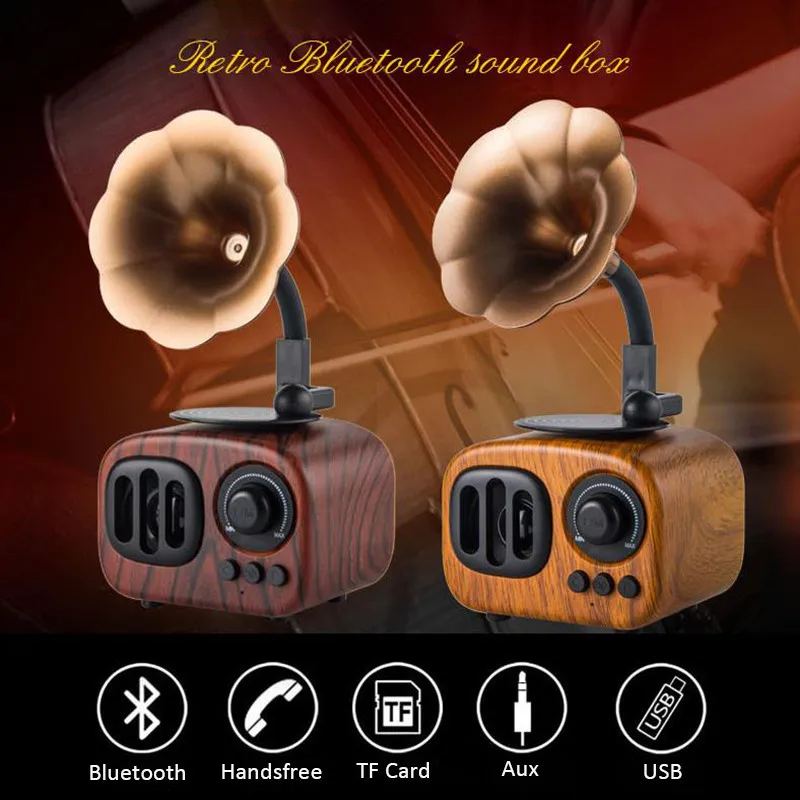 Ретро труба стиль Bluetooth динамик беспроводной стерео сабвуфер деревянная музыкальная шкатулка громкоговоритель с микрофоном FM радио TF для телефона