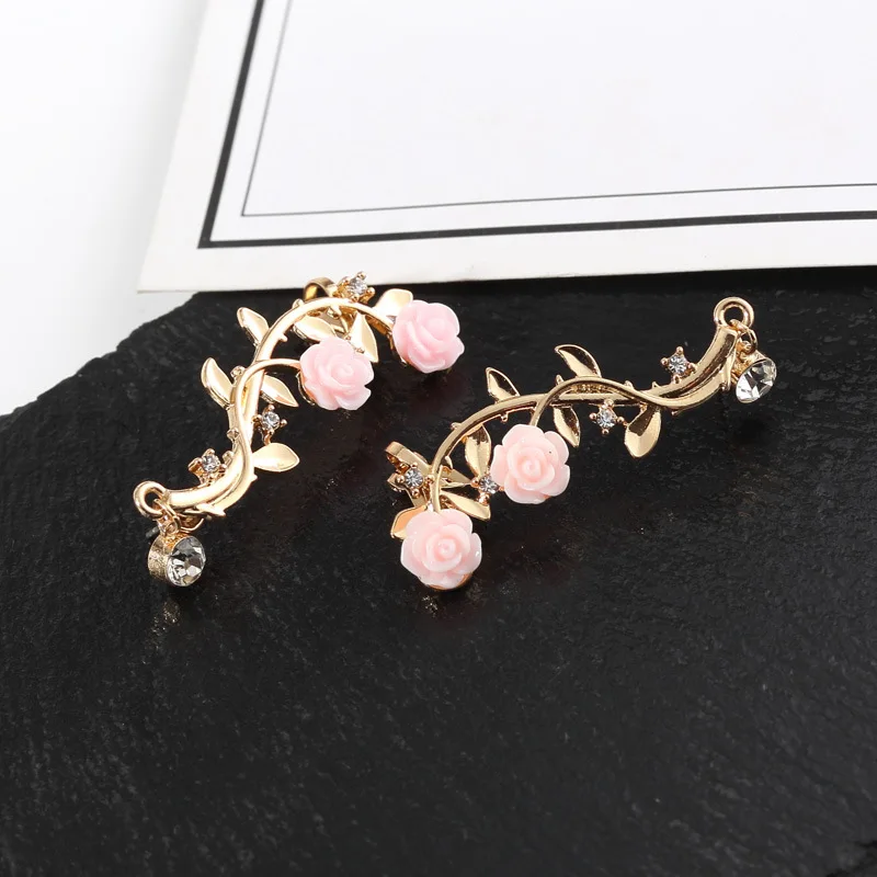 

Beautiful 2019 New Arrival Pink 1Pair Crystal Elegant Flower Shape Boho Tree Branch Golden Rhinestone Left Silver Stud Earrings