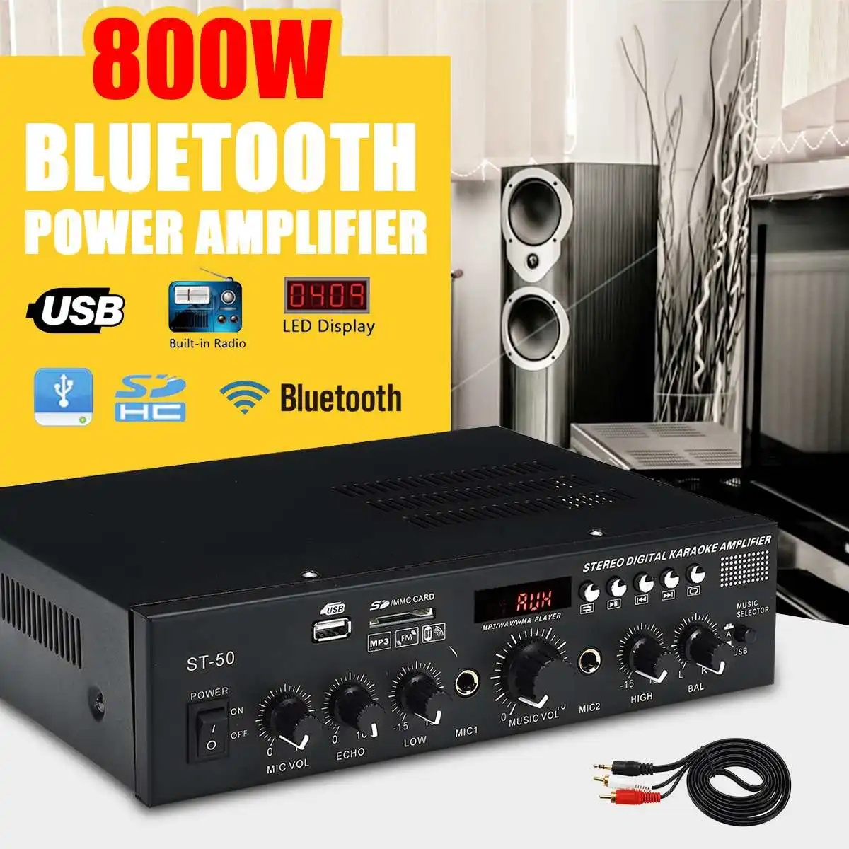 

800W 2CH HIFI 220-240V Audio Power Amplifier bluetooth Mini Household Karaoke Theater Amplificador FM Radio USB SD for Car Home
