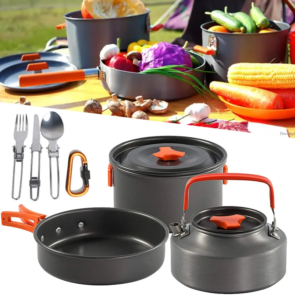 

10Pcs Outdoor Pots Pans Camping Cookware Picnic Cooking Set Non-stick Tableware With Foldable Spoon Fork Knife Kettle