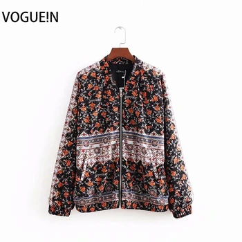

VOGUEIN New Womens Casual Floral Print Long Sleeve Zipper Bomber Jacket Loose Coat Wholesale