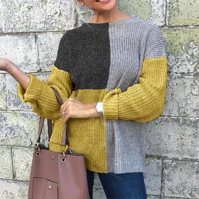

Fashion Women Round Neck Knitted Sweater Color Patchwork Jumper Long Sleeve Soft Knit Sweater Tops Elegant Woman New Sweaters