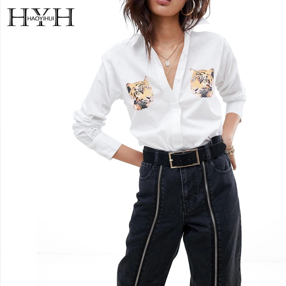 

HYH HAOYIHUI Simple College Wind Print Long Sleeve Lapel Shirt Turn-Down Collar White Sexy Blouse 2019 New Arrival