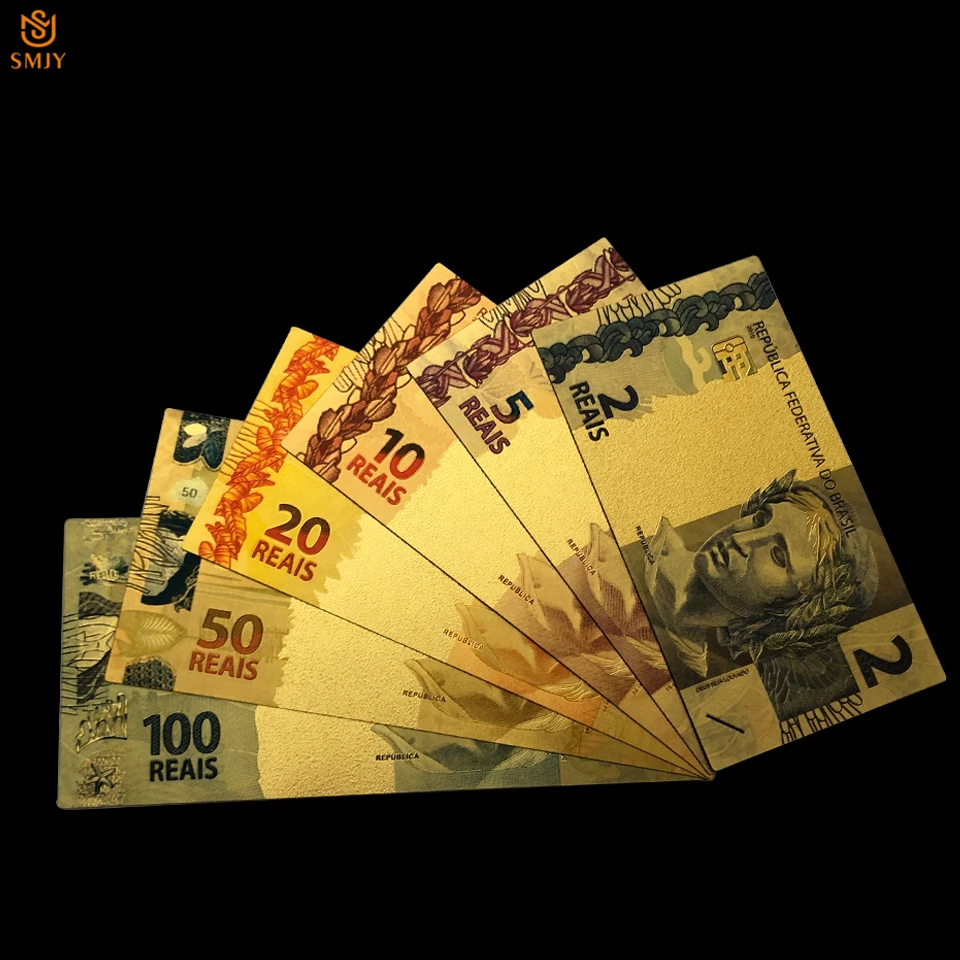 Комплект золотых банкнот Reyal 6 шт./лот 2/5/10/20/50/100 бразильская валюта 24k Золотая