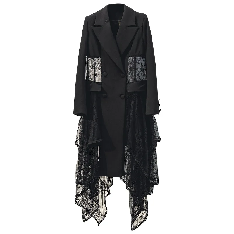 Women Long Sleeve Lace Spliced Double Breasted Blazer Coats Elegant Irregular Long Blazer Jackets Runway Hollow Out Long Blazer
