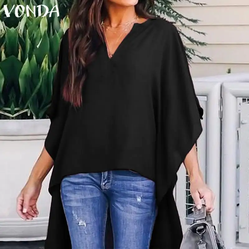 

VONDA Women Blouses 2019 Spring V Neck Asymmetrical Batwing Sleeve Solid Top Elegant Longline Blouse Plus Size Shirts