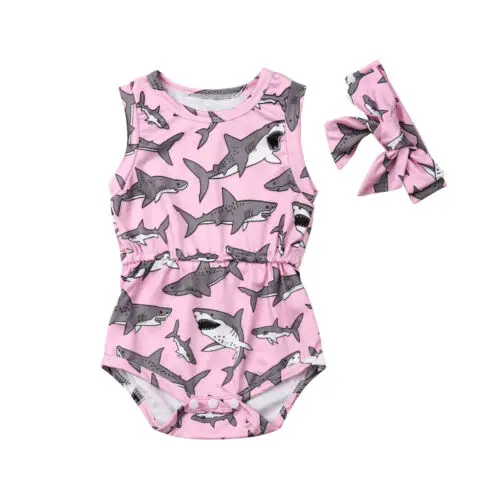 

Newborn Infant Baby Girls Cartoon Short Sleeve Bodysuit Jumpsuit Headband 2pcs Outfit Sunsuit