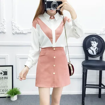

2019 spring new sweet suit color matching chiffon blouse & skirt pocket women 2 pcs clothing set vestido girl clothes top shirt