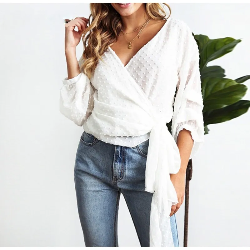 

2019 Fashion Women Polka Dot Pleated Blouses Chiffon Lace Up Shirts Female Lantern Long Sleeve Wrap Tops