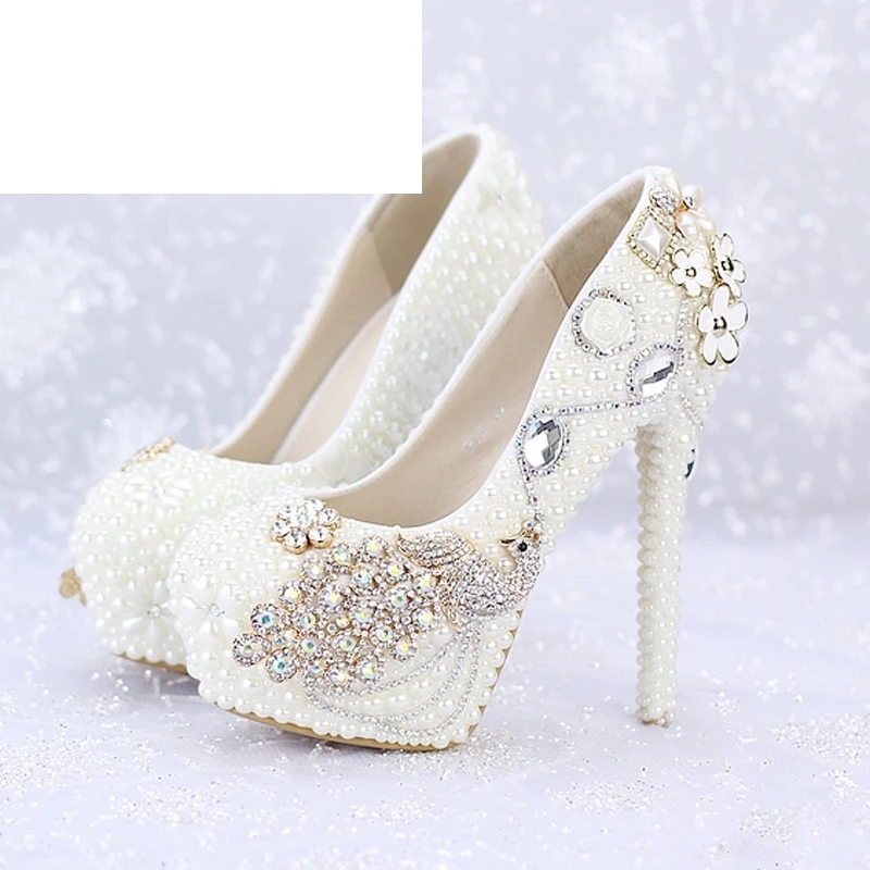 

Custom Made New Ivory Pearl Wedding Shoes Round Toe Platforms Phoenix Rhinestone Bridal Dress Shoes Banquet Prom Pumps