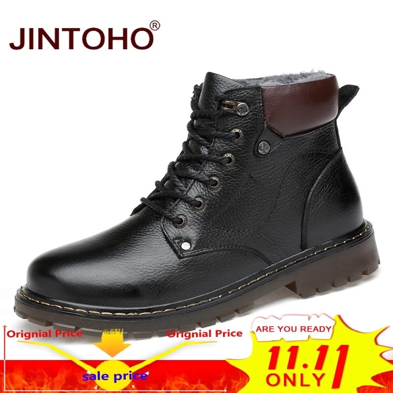 

JINTOHO 100% Genuine Leather Men Winter Boots Fashion Motorcycle Boots Warm Plush Snow Shoes Male Leather Boots Snow Boots