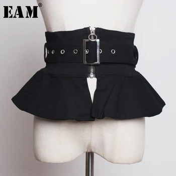

[EAM] 2020 New Spring Summer Black Zipper Split Joint Ruffles Buckle Personality Wide Belt Women Fashion Tide All-match JT735
