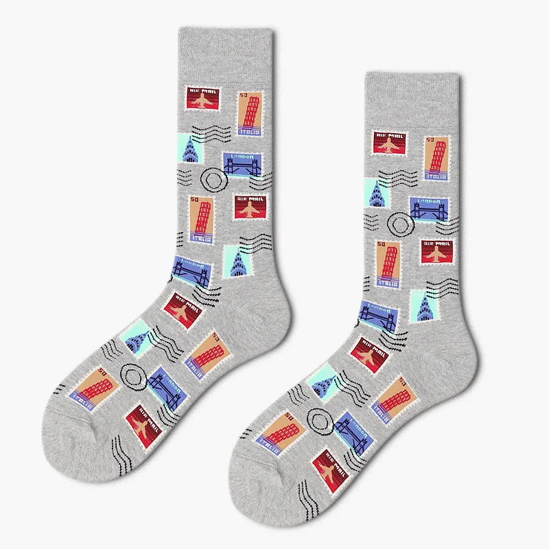 PEONFLY-Chaussettes en coton pour hommes, impression personnalisée, timbre montre, motif de grains de café, chaussettes de ventilation décontractées, mode