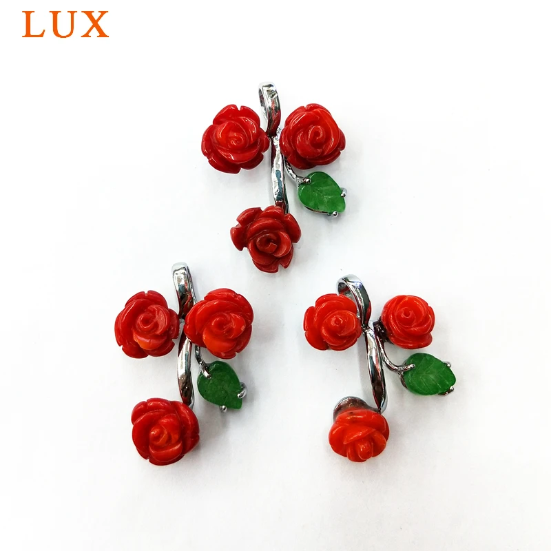 

Hand Carved Red natural Bamboo Coral Pendant coral flower pendants with green jades leaf charms for necklace making