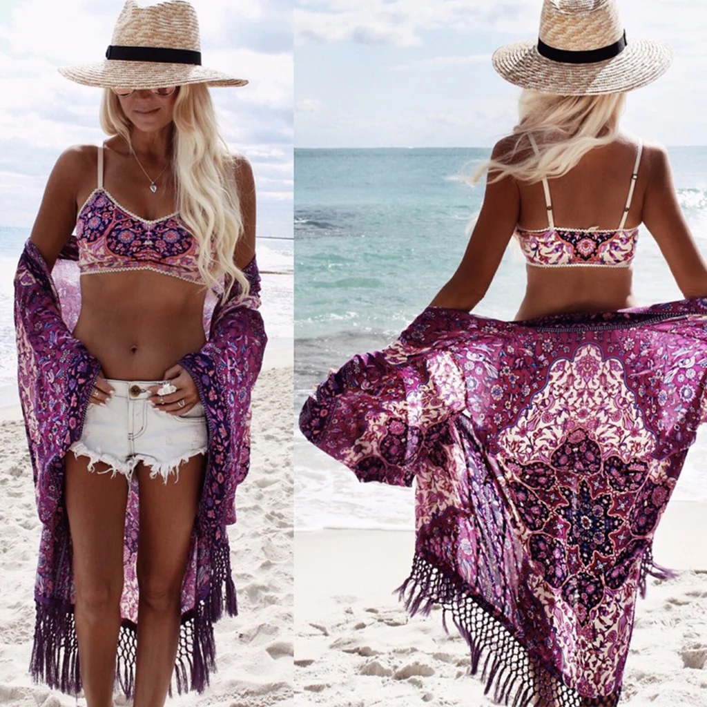 

Women Girl Summer 2019 Style 4/3 Sleeve Flowers Printed Long Kimono Cardigan Outerwear Casual Loose Sunscreen Blouse Shirt
