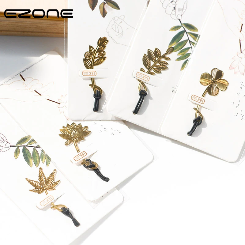 

EZONE Chinese Restoring Style Bookmark Leaves Lotus Clover Bookmark Gold Brass Material 6 Style Book Clip Creative Stationery