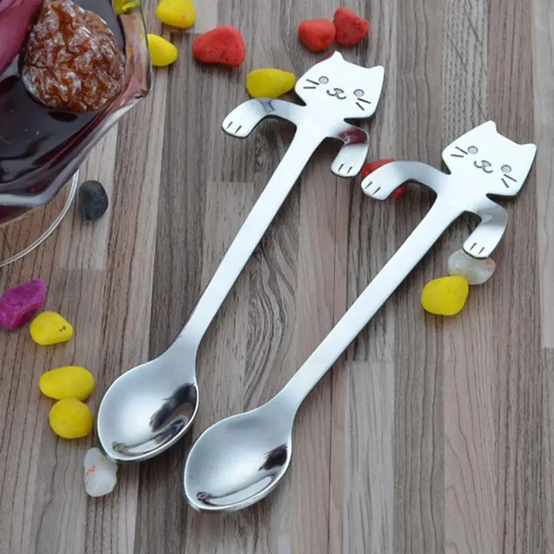 

Cute Spoon 304 Stainless Steel Long Handle Coffee Spoons Flatware Hanging Spoon With Cartoon Cat Shaped Handles Drinking Tools