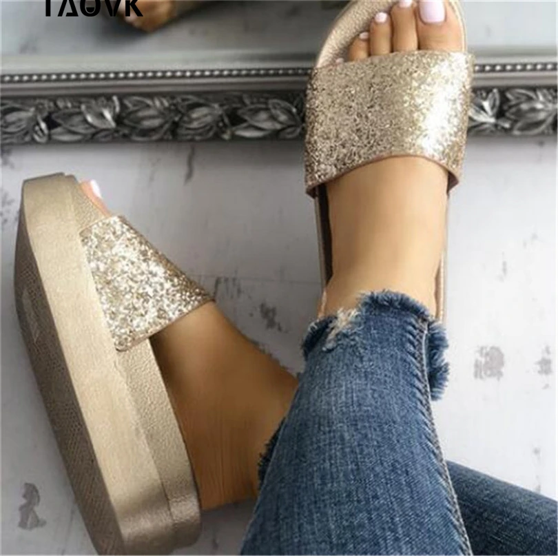 

TAOVK Summer Women's Sequins Slippers Bling Slides Flat Soft Bottom Sandals Female Tap Casual Beach Shoes