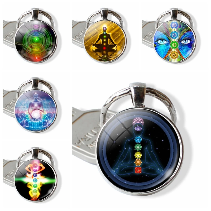 

Chakra Yoga Keychain Om Symbol Findings Components Glass Cabochon Jewelry Handmade Pendant Key Chain Accessories Religious Gift